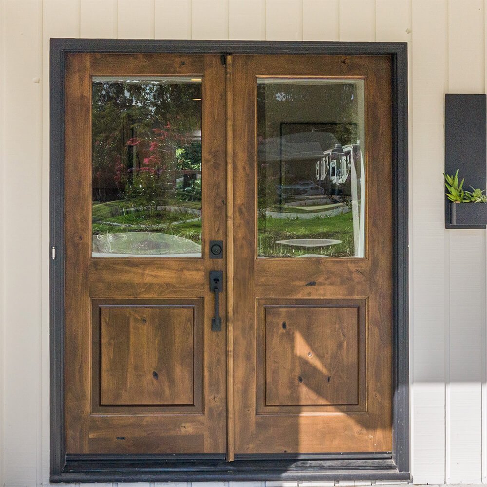 Farmhouse Knotty Alder Half Clear Glass Exterior Double Door - Krosswood
