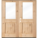 Farmhouse Knotty Alder Half Lite Glass V-Groove Exterior Double Door - Krosswood