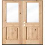 Farmhouse Knotty Alder Half Lite Glass V-Groove Exterior Double Door - Krosswood