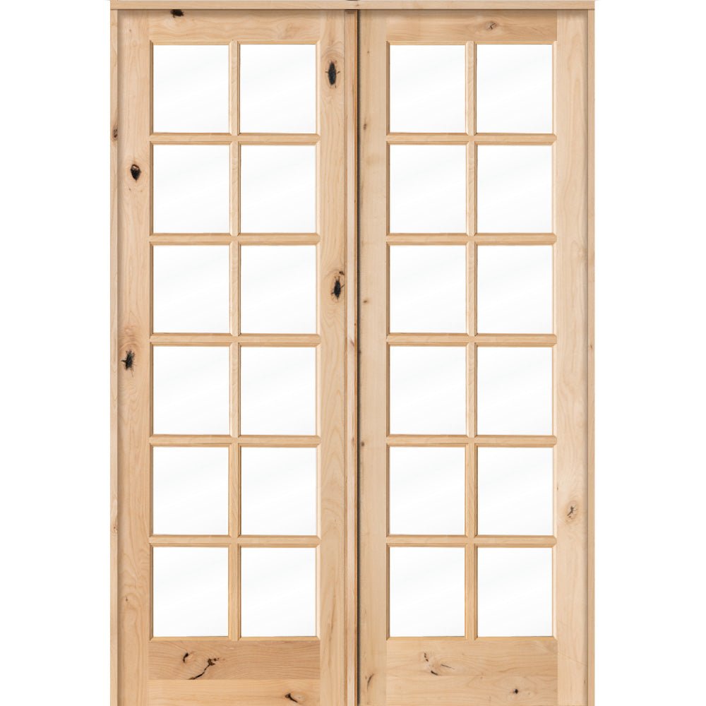 French Knotty Alder 12 Lite Clear Glass Interior Double Door - Krosswood