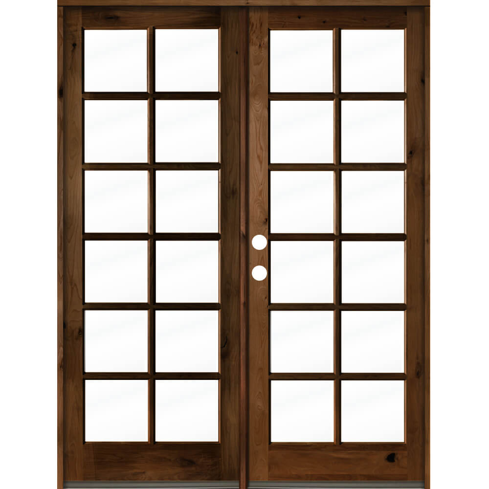 French Knotty Alder Wood 12 Lite Clear Glass Exterior Double Door - Krosswood