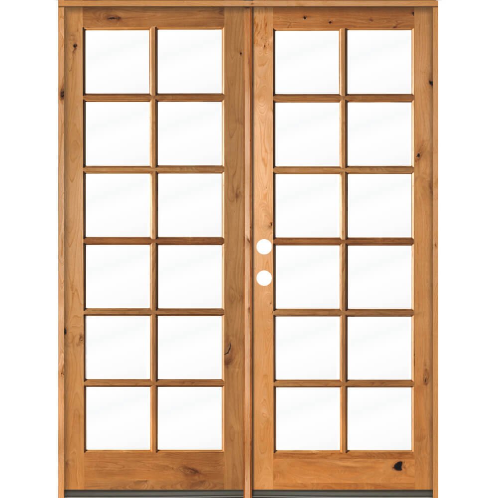French Knotty Alder Wood 12 Lite Clear Glass Exterior Double Door - Krosswood
