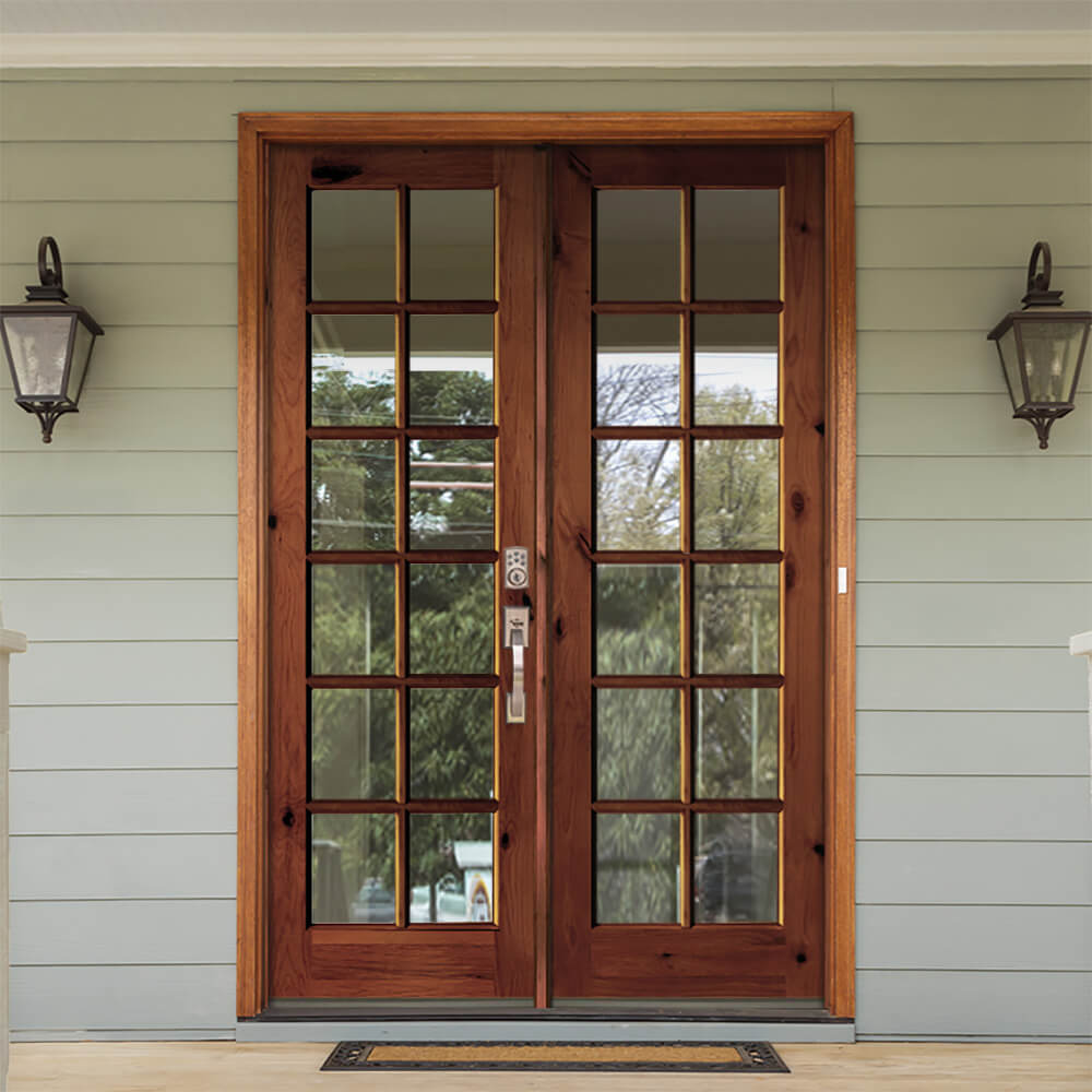 French Knotty Alder Wood 12 Lite Clear Glass Exterior Double Door - Krosswood