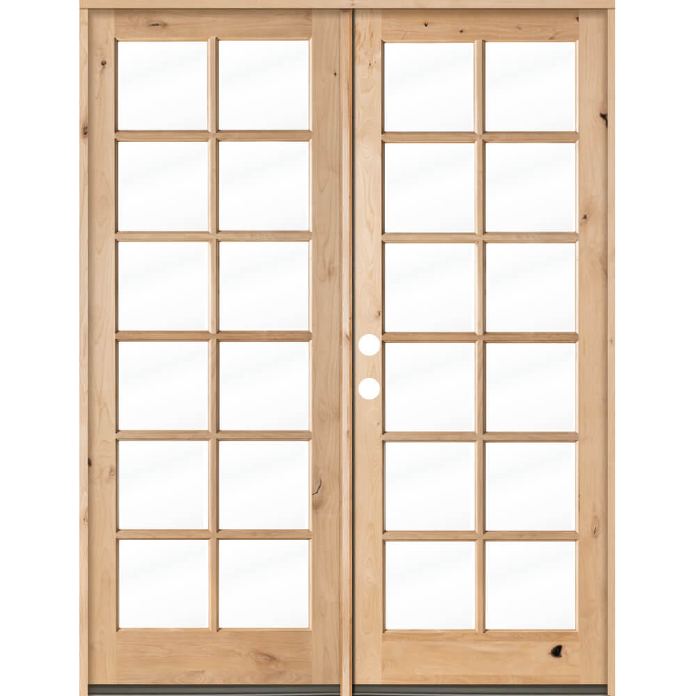 French Knotty Alder Wood 12 Lite Clear Glass Exterior Double Door - Krosswood