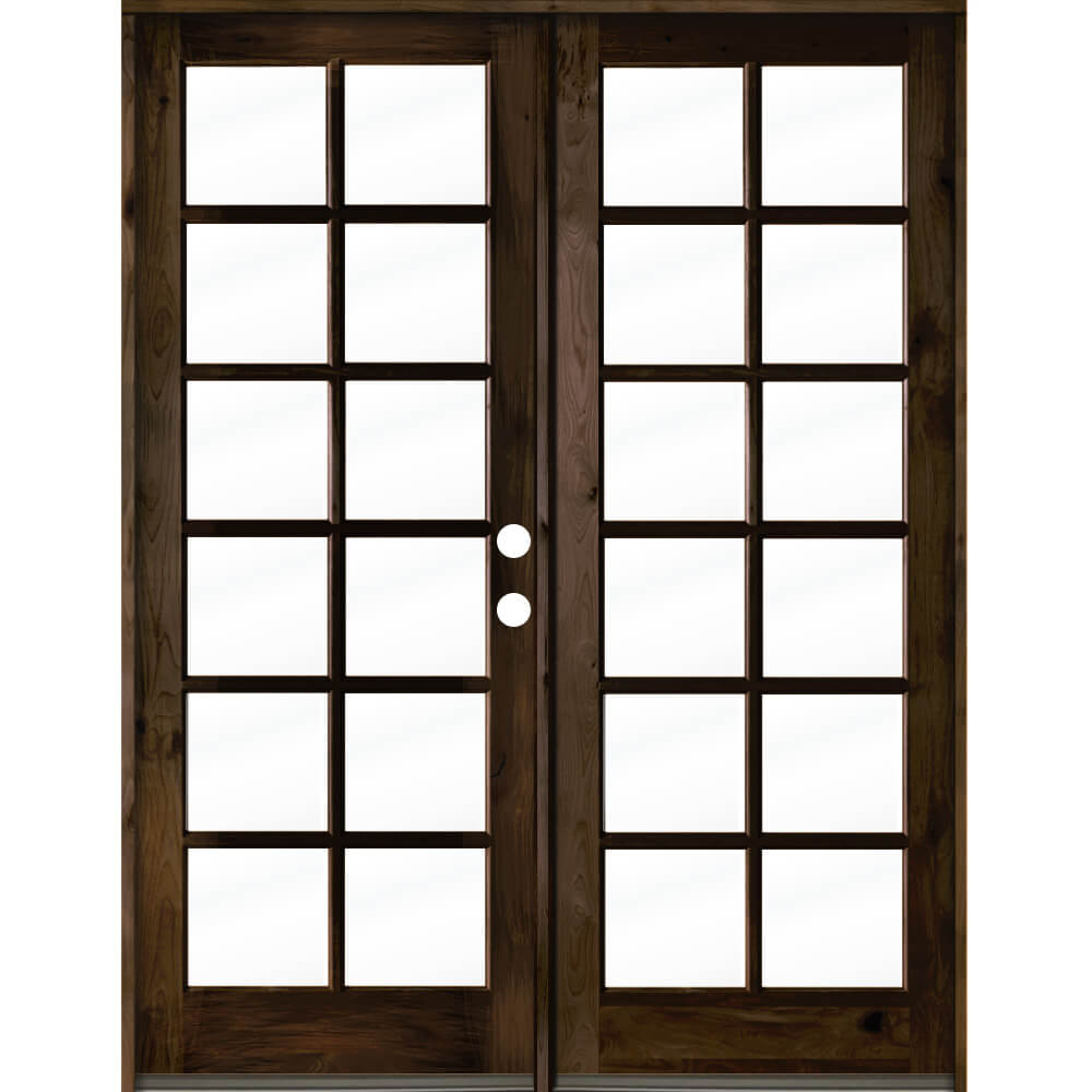 French Knotty Alder Wood 12 Lite Clear Glass Exterior Double Door - Krosswood