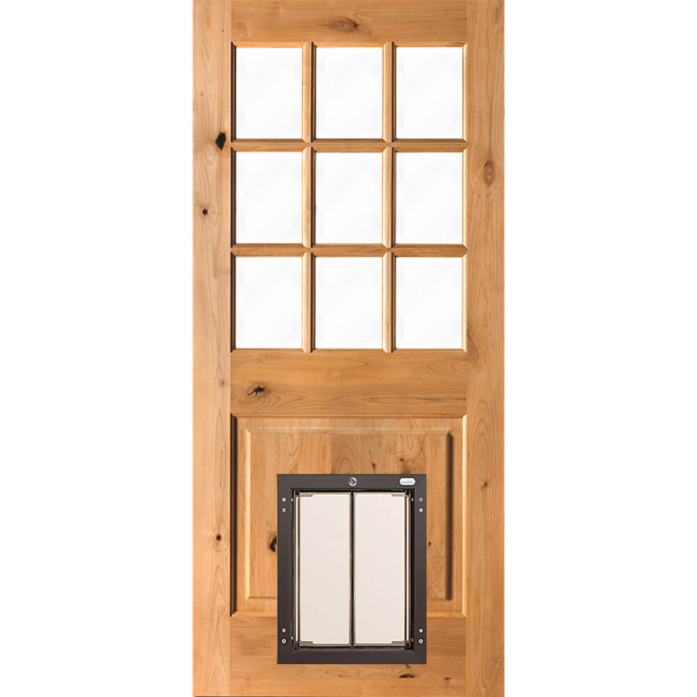 Knotty Alder 9-Lite Clear Glass Exterior Door with Large Dog Door - Krosswood
