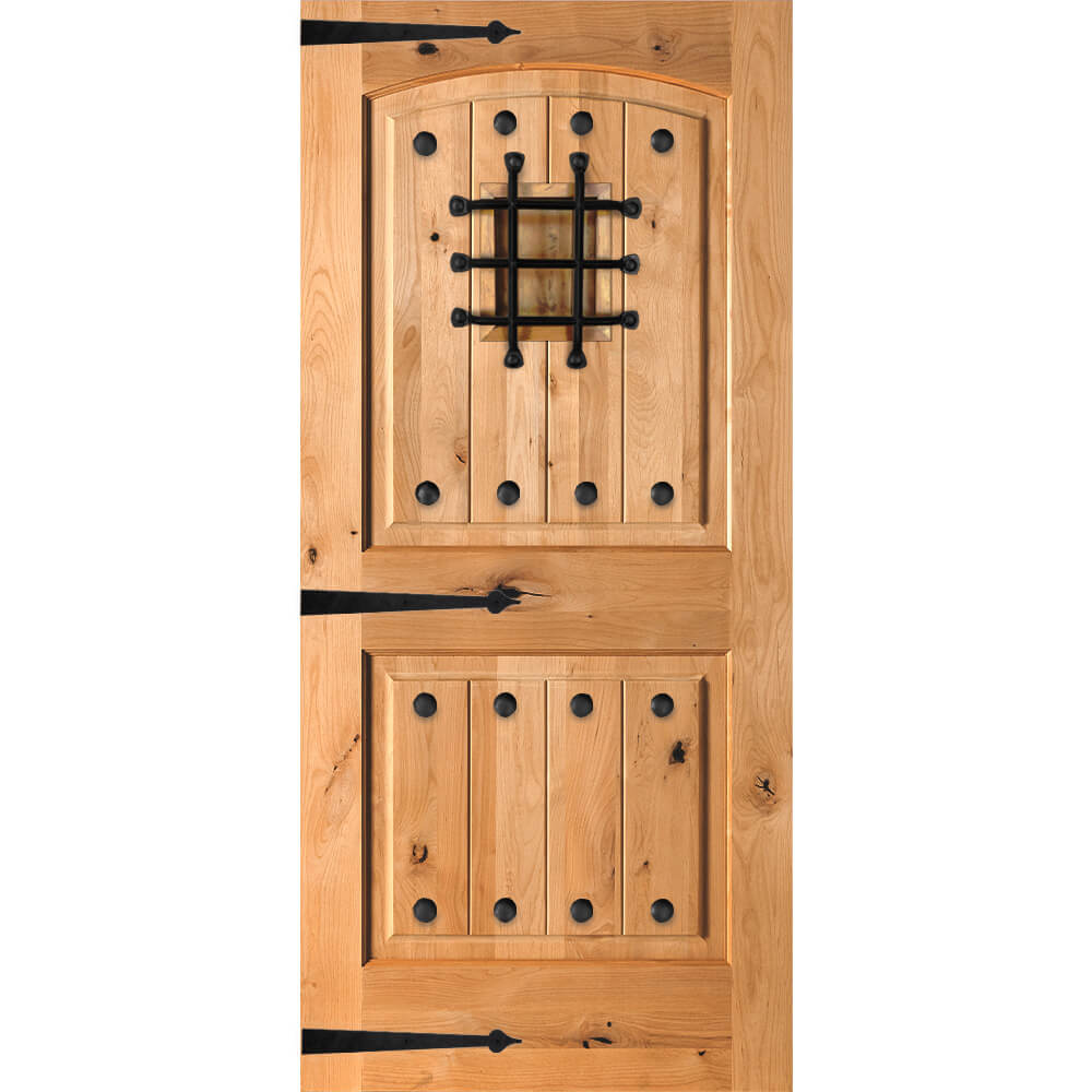 Mediterranean Knotty Alder Arch Top Speakeasy Exterior Door - Krosswood