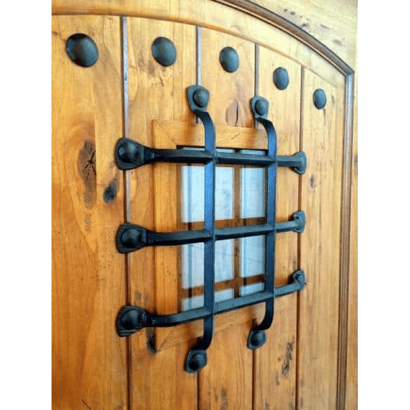 Mediterranean Knotty Alder Arch Top Speakeasy Exterior Door - Krosswood