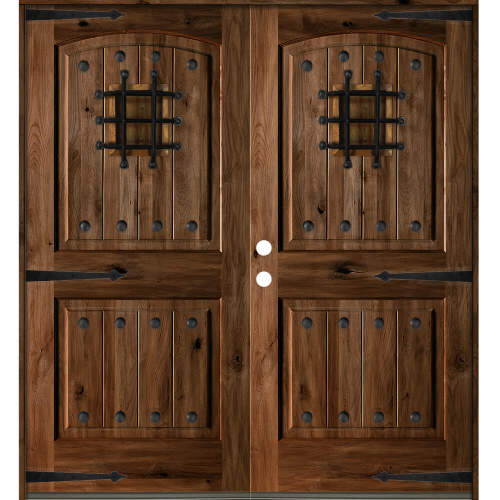 Mediterranean Knotty Alder Arch Top Speakeasy Exterior Double Door - Krosswood