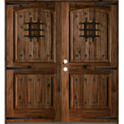 Mediterranean Knotty Alder Arch Top Speakeasy Exterior Double Door - Krosswood