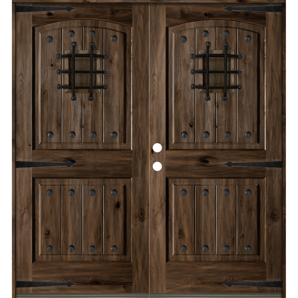 Mediterranean Knotty Alder Arch Top Speakeasy Exterior Double Door - Krosswood
