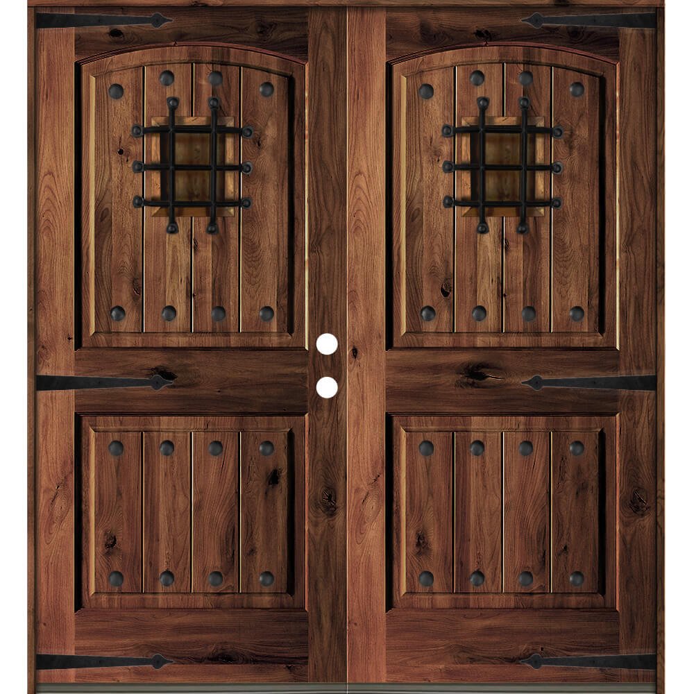 Mediterranean Knotty Alder Arch Top Speakeasy Exterior Double Door - Krosswood