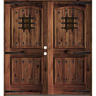 Mediterranean Knotty Alder Arch Top Speakeasy Exterior Double Door - Krosswood
