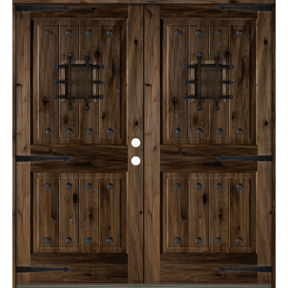 Mediterranean Speakeasy Glass Window Square Top Exterior Double Door - Krosswood