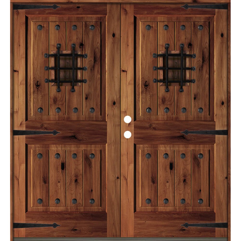 Mediterranean Speakeasy Glass Window Square Top Exterior Double Door - Krosswood