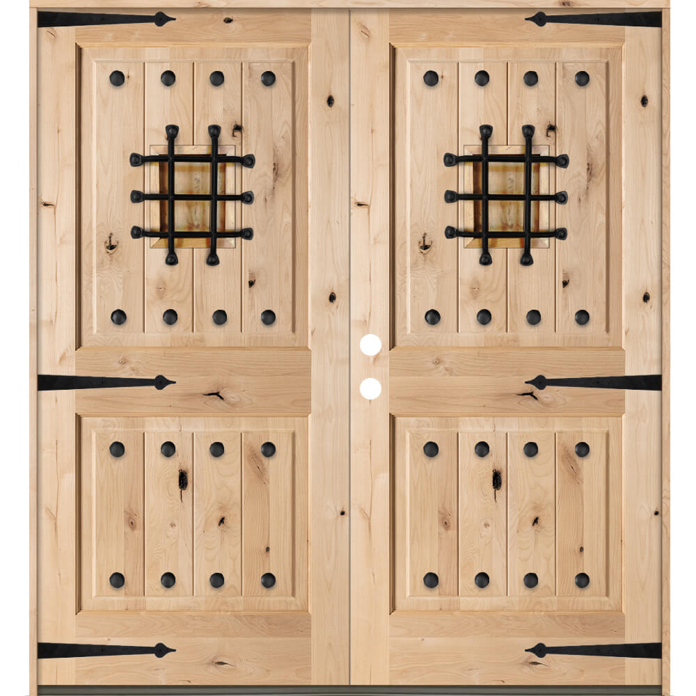 Mediterranean Speakeasy Glass Window Square Top Exterior Double Door - Krosswood