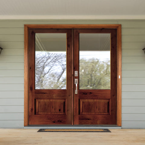 Modern Farmhouse Knotty Alder Clear Glass Wood Double Door | Krosswood