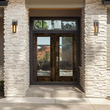 Modern Knotty Alder Full Lite Clear Exterior Double Door - Krosswood