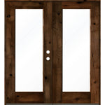 Modern Knotty Alder Full Lite Clear Exterior Double Door - Krosswood