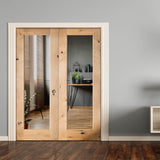 Modern Knotty Alder Full Lite Clear Glass Interior Double Door - Krosswood