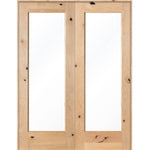 Modern Knotty Alder Full Lite Clear Glass Interior Double Door - Krosswood