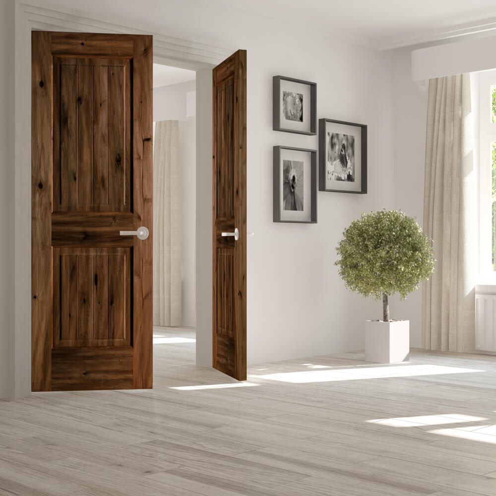 Farmhouse Knotty Alder Square Interior Wood Double Doors | Krosswood