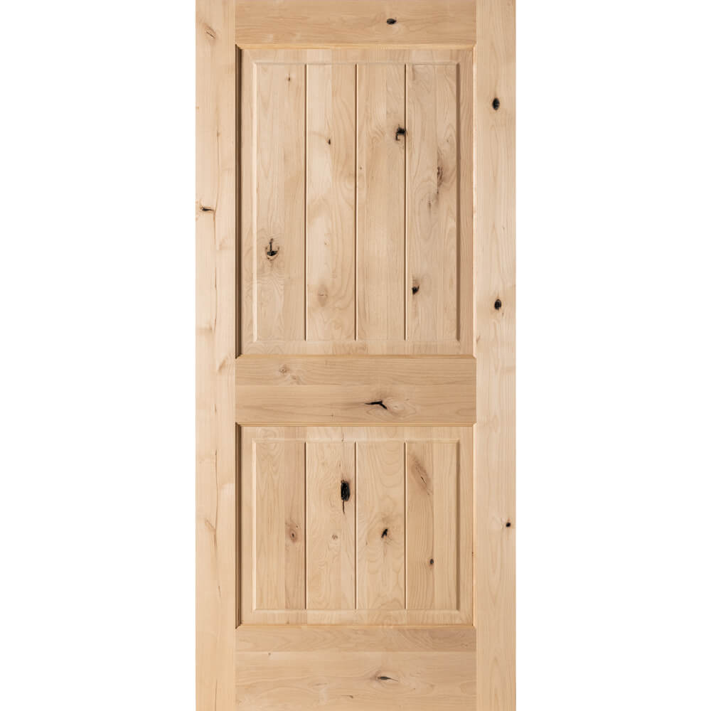 Rustic Knotty Alder 2 Panel Square Top V-Groove Exterior Door - Krosswood