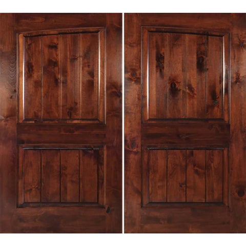 Rustic Knotty Alder Common Arch V-Groove Exterior Double Door - Krosswood