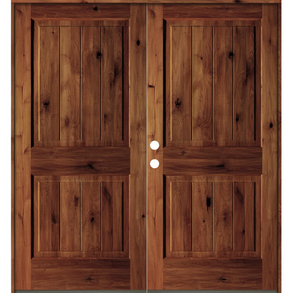 Rustic Knotty Alder Square Top V-Groove Exterior Double Door - Krosswood