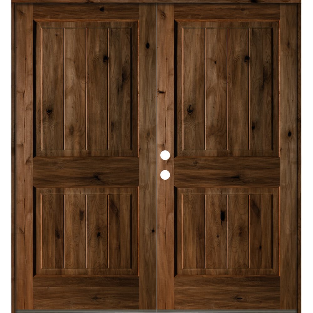 Rustic Knotty Alder V-Groove Wood Exterior Double Doors | Krosswood ...